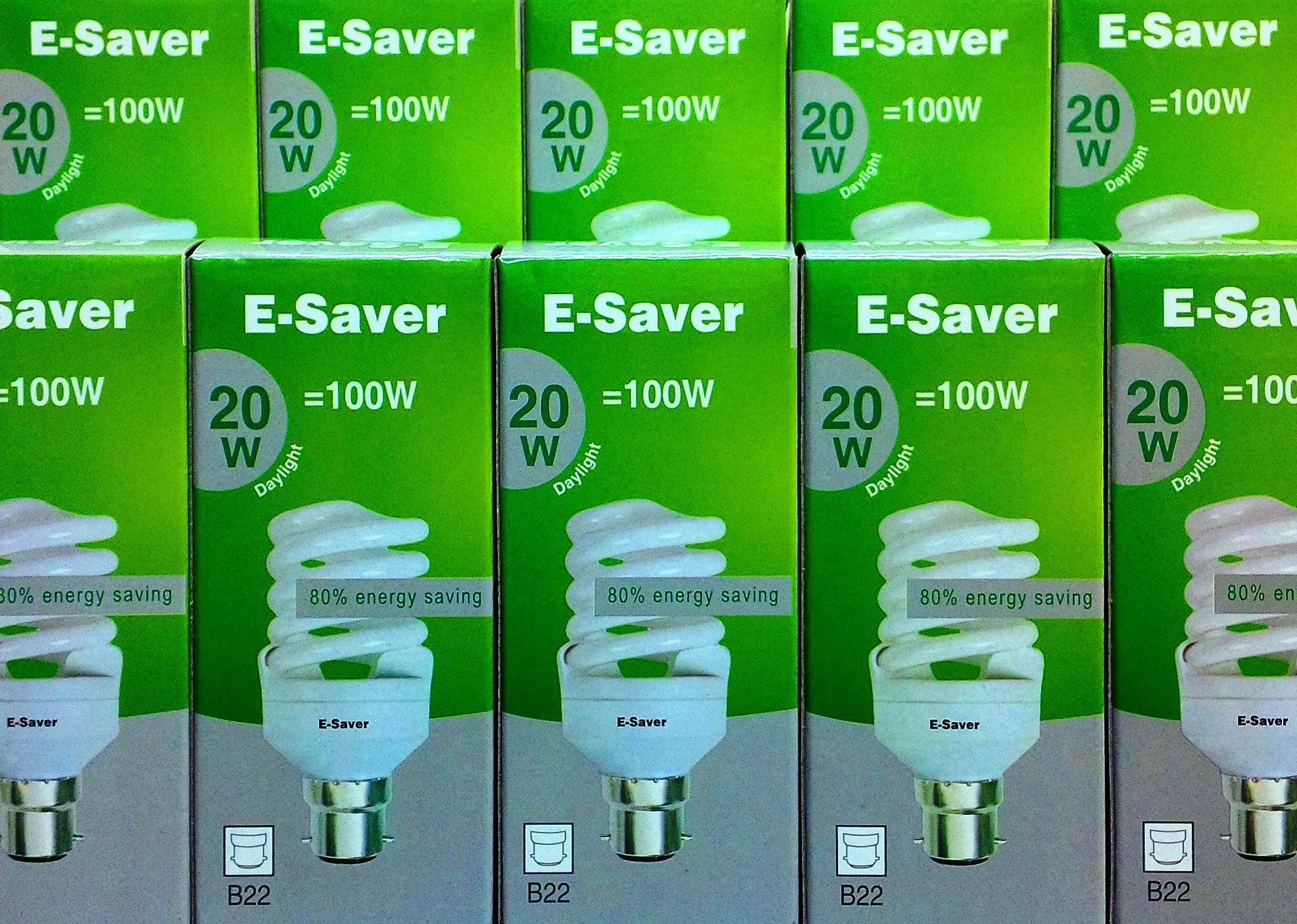 E-Saver - CFL Full Spiral - Energy Saving Light Bulbs -20w = 100 Watt - (Pack of 10) - Daylight 6400k – Bayonet Light Bulb (B22- B22d) - Great for SAD - Snooker, Pool, Hobbies, Crafts, Photography