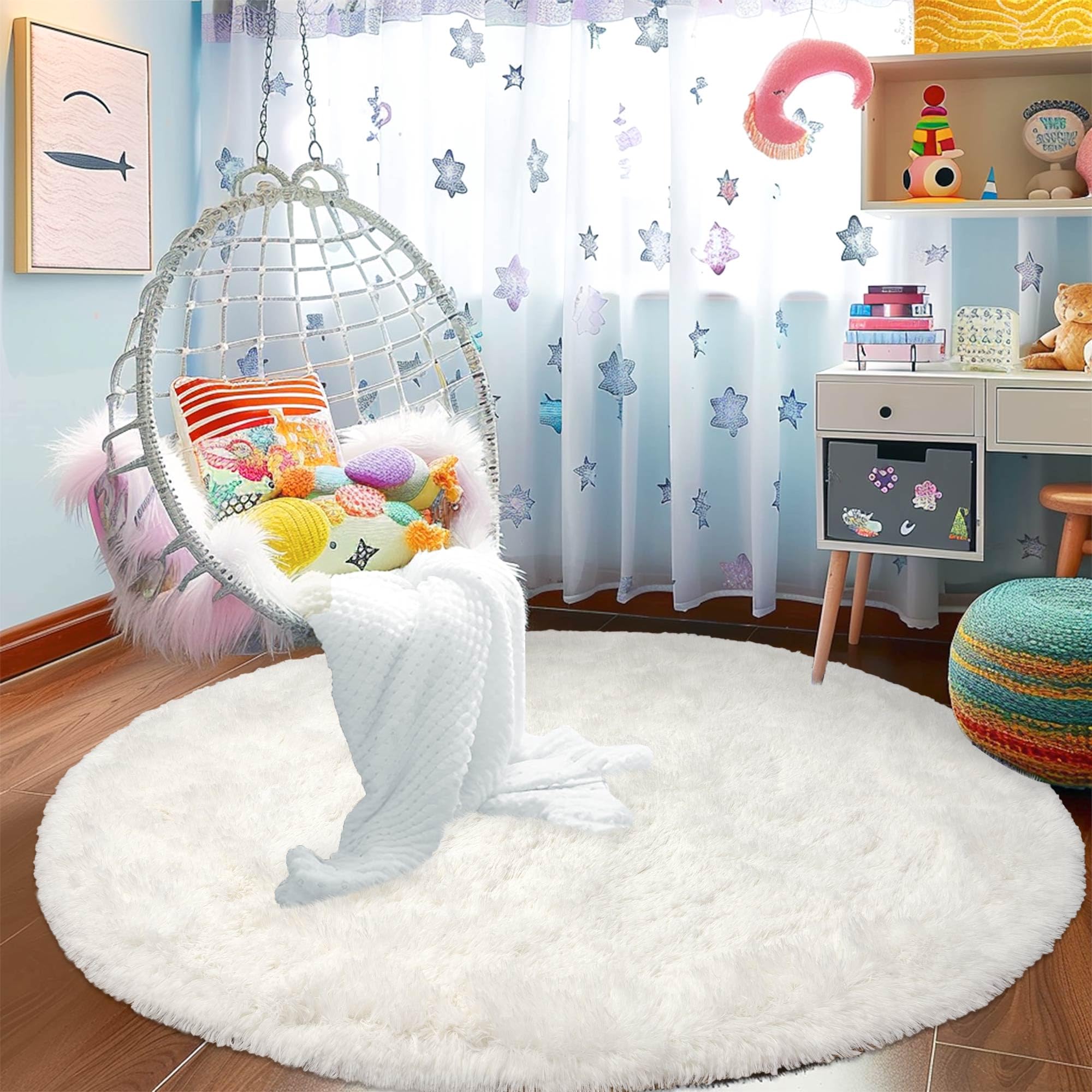 Photo 1 of Awaytail Round Cream Fluffy Rug - 3FT Super Soft Circle Rug for Kids & Nursery - Shaggy Plush Fuzzy Carpet for Boys & Girls Rooms