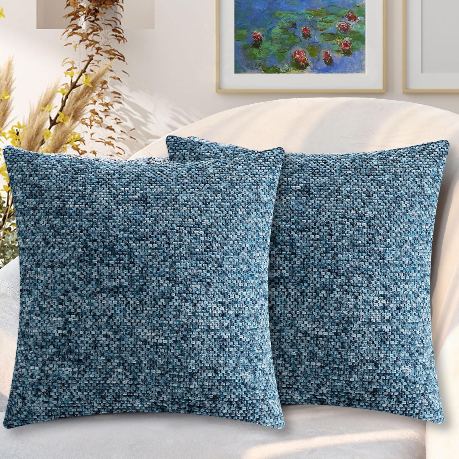 Photo 1 of OLSUNOR Chenille Throw Pillow Covers 18x18 Inch Set of 2, Square Decorative Pillow Cover w/Hidden Zipper, Spray-Dyed Yarn Boho Farmhouse Accent Pillow Cases for Couch, Sofa, Bed, Car, Living Room