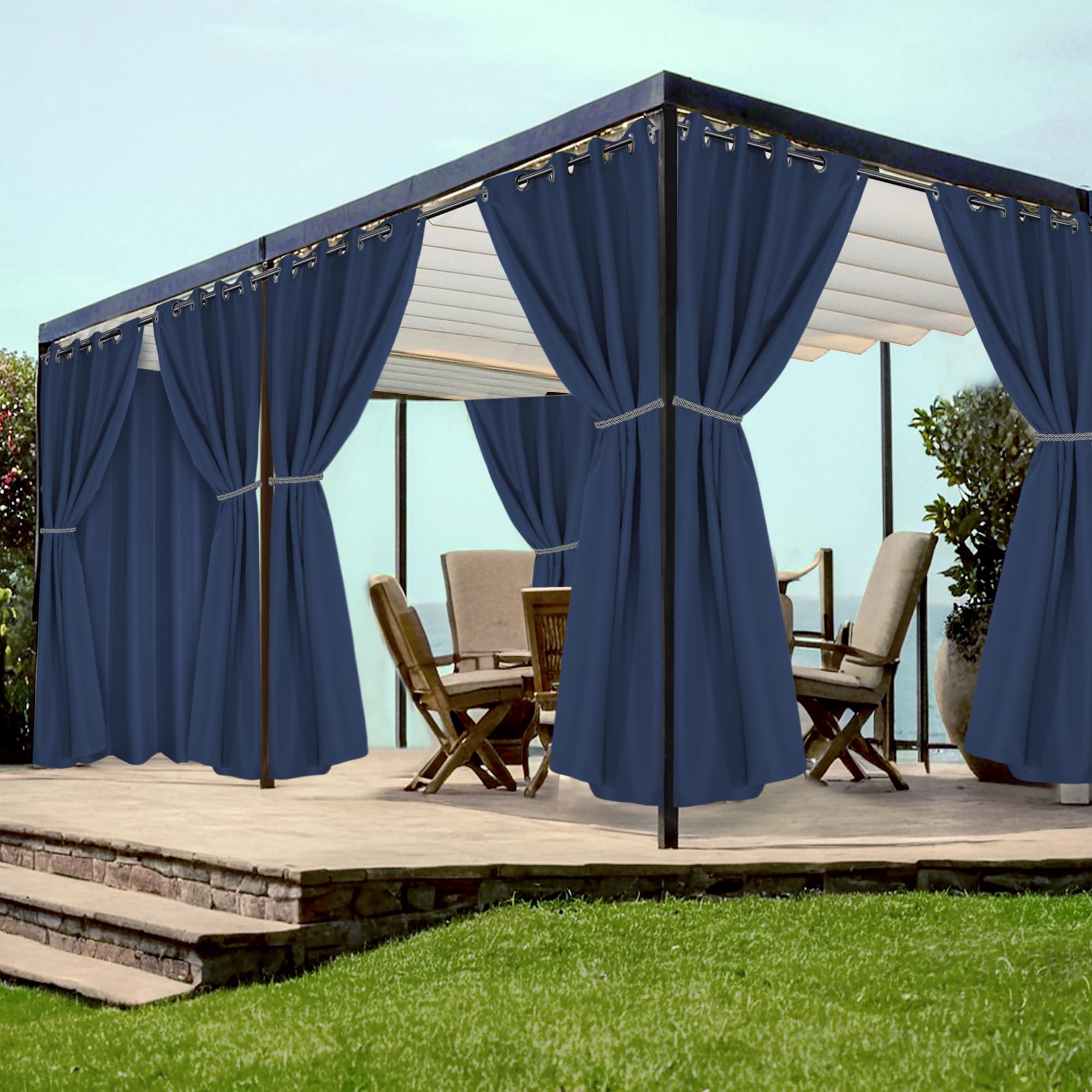 Photo 1 of HolidayIdeas Grommet Outdoor Curtains for Patio Waterproof 8 Pcs All Weather Balcony Outside Curtains for Apartments, Gazebo, Pergolas, Porch, 54x84 Inch, Navy