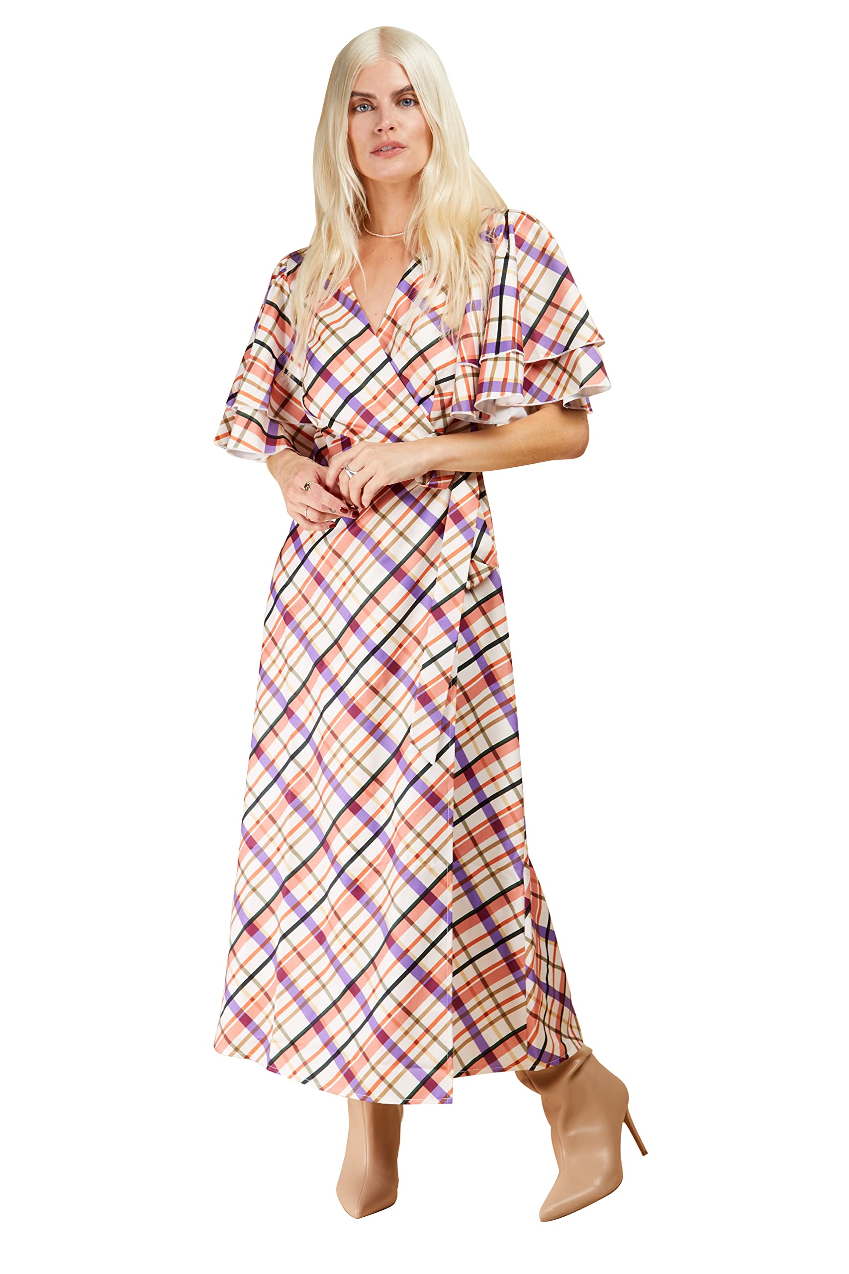 Little Mistress Check Layered Sleeve Midi Wrap Dress Multi