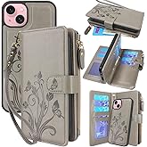 Lacass Compatible with iPhone 14 / iPhone 13 6.1 inch Case [ Card Slots] ID Credit Cash Holder Zipper Pocket Detachable Magnet Leather Wallet Cover with Wrist Strap Lanyard(Floral Gray)