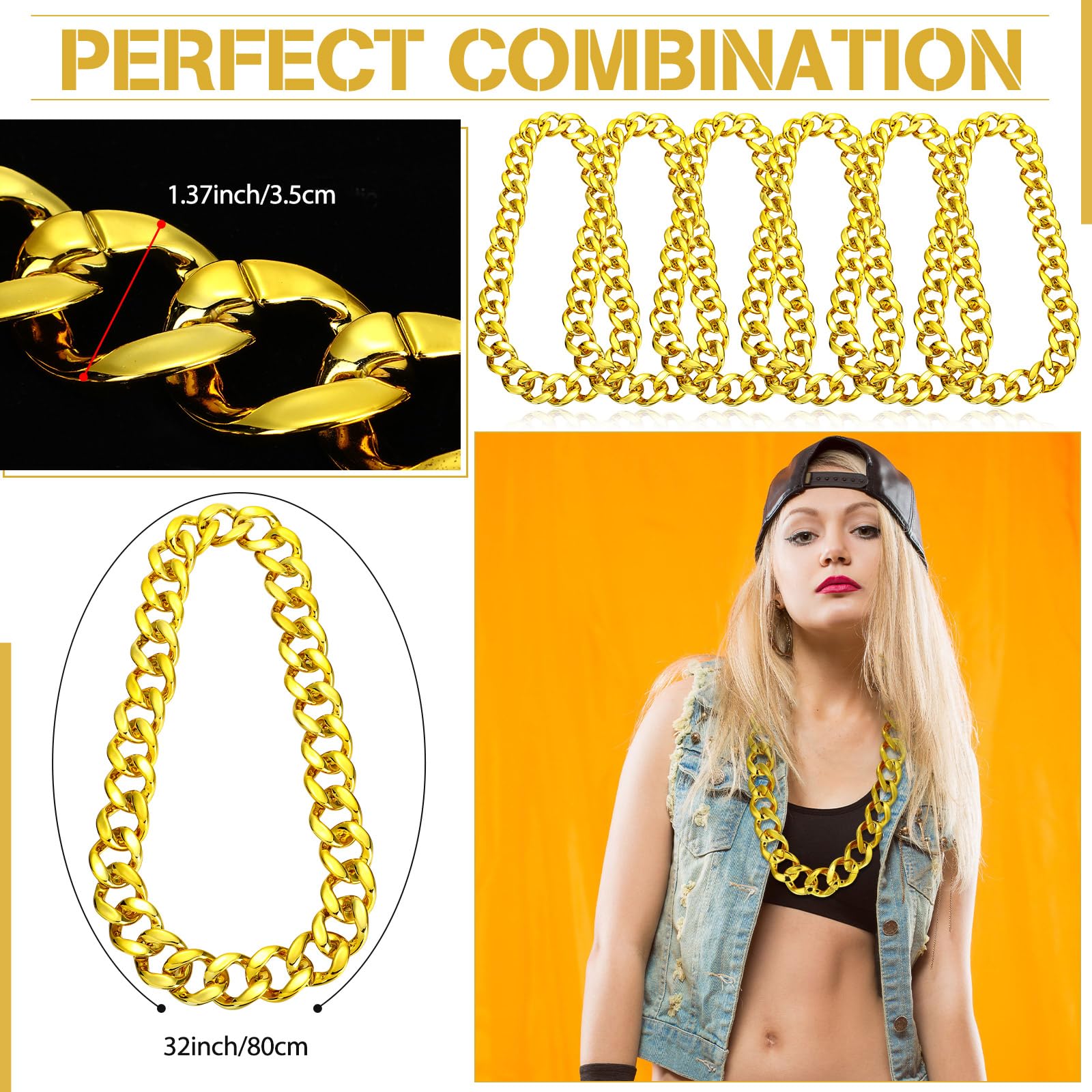 Tatuo 2 Pcs Fake Gold Chain Big Chunky Necklace for Men Women Faux Gold Chain for Rapper Costume Jewelry 80s 90s Punk Style Halloween Party Accessory, 32 Inch