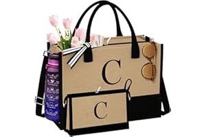 TOPEAST Jute Initial Tote Bag Burlap Beach Bag Personalized Birthday Gifts for Women Teacher Mom Bridal Bridesmaid Gifts