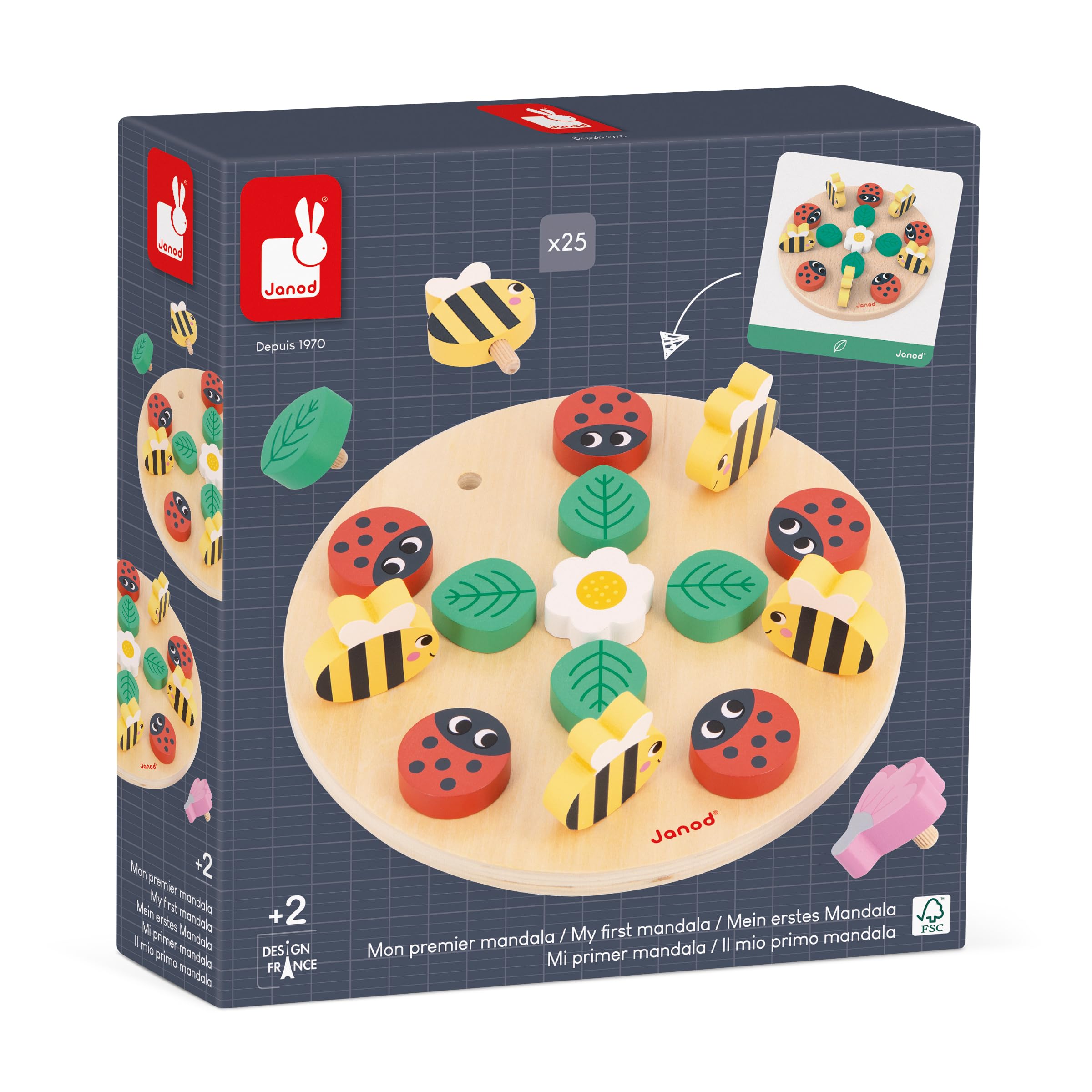 Janod - Pédagogie Range - My First Garden Mandala - Develops Concentration & Creativity - Children’s Educational Toy - FSC Wood Game - 24 Months +, J05084