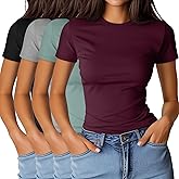 Ficerd 4 Pack Women's Basic Short Sleeve Shirts Slim Fitted Crew Neck Tees Casual Cotton Blend Summer Tops