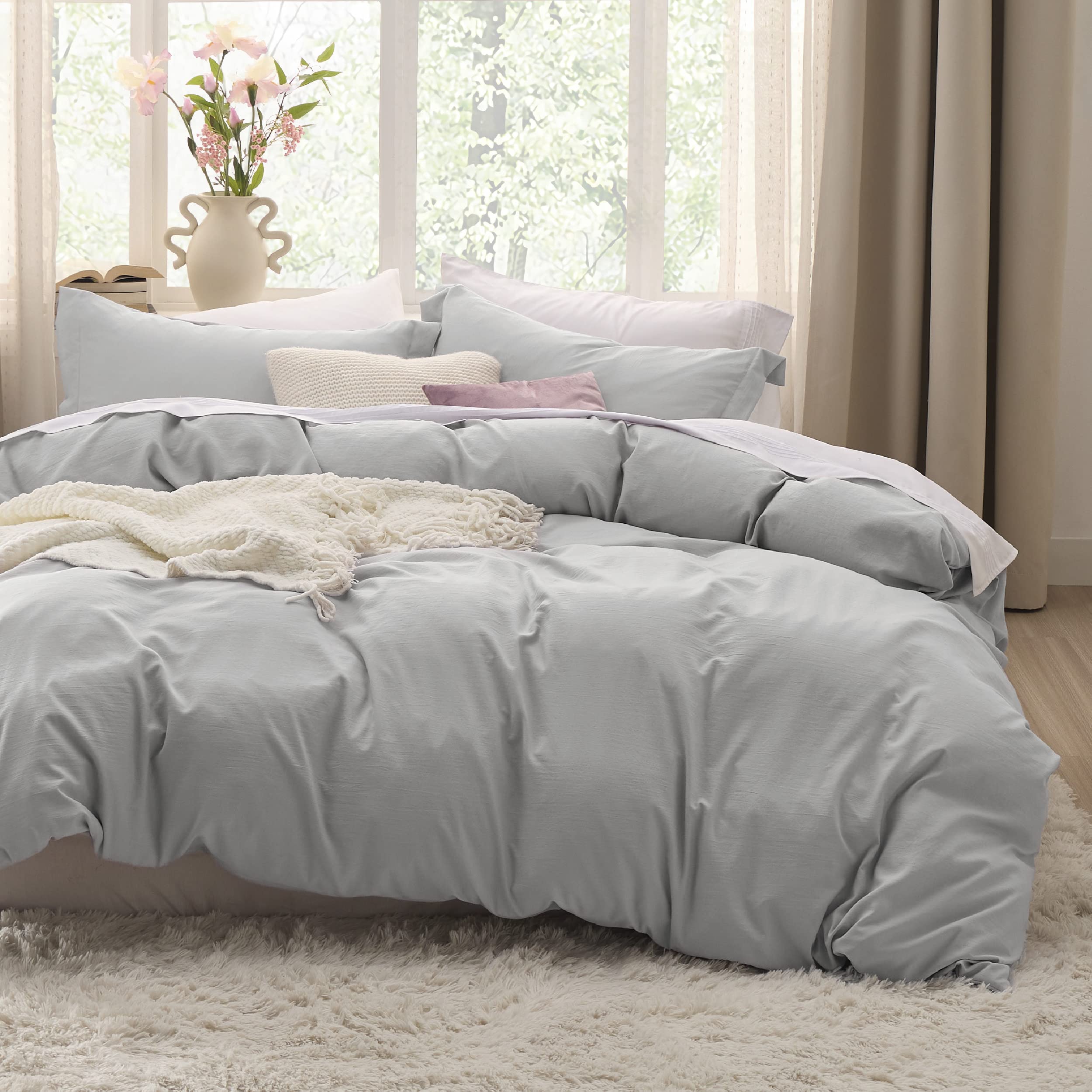 Photo 1 of Bedsure Light Grey Oversized King Duvet Cover - 3 Pieces Prewashed Cotton-Like Extra Soft Bedding Set, Includes 1 Duvet Cover 120x98 Inches with Zipper Closure & 2 Pillow Shams, Comforter Not Included
