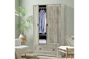 VINGLI Wide Armoire Wardrobe Closet with Hanging Rod, Adjustable Shelves and Drawer, Freestanding Wardrobe Closet with Doors, Bedroom Armoires and Wardrobes, Rustic Grey