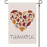Keniot Thankful Garden Flag Burlap Autumn Leaf Heart Thanksgiving Garden Flag, Double Sided Happy Fall Harvest Rustic Yard Outdoor Decoration, 12.5 x 18.5 inch