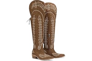 Krypthixor Thigh High Cowboy Boots With Lace Up Over The Knee Cowgirl Boot For Women Embroidered Western Boot With Side Zipper Comfortable Chunky Heel Wide Calf Tall Boots