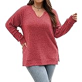 Gloria&Sarah Women's Casual Long Sleeve V Neck Lightweight Knitted Sweaters Loose Fit Plus Size Tunic Tops L-4XL