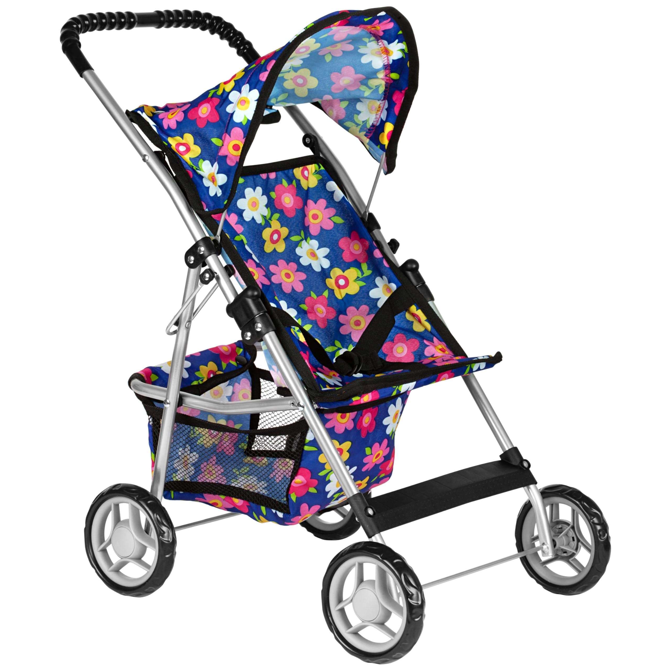 fash n kolor® - DELUXE Baby Doll Stroller Toy with BIG WHEELS - Flower Design with Basket in The Bottom - Dolls To Play Baby Doll Stroller for Girls, Toddler Play Toy Doll Buggy Carriage Foldable