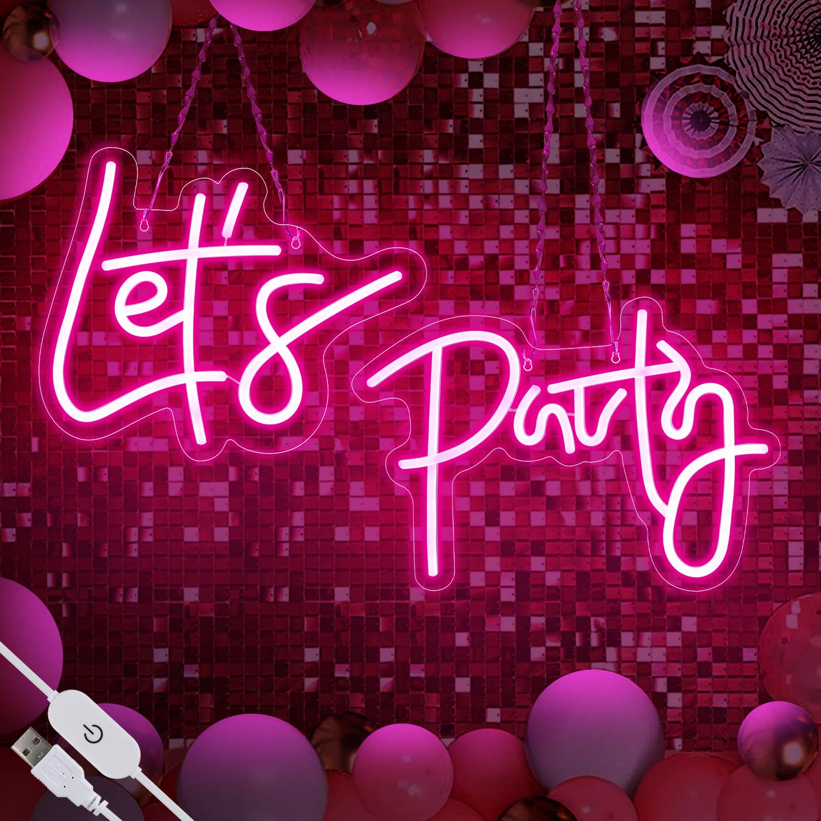 Photo 1 of 26×11.8 Inch Large Let's Party Neon Signs for Wall Decor,Dimmable LED Pink Neon Light Sign for Bedroom,Lets Party Light Up Sign for Bachelorette Party,Engagement Party,Wedding,Party,Home Bar(Two-Pack)