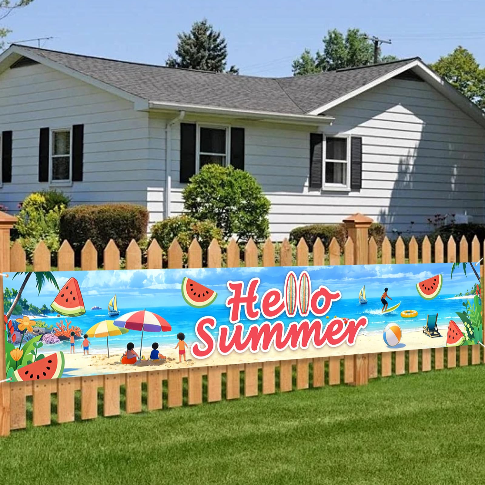 Hello Summer Beach Banner - Large Size Premium Fabric Outdoor/Indoor Party Decoration Backdrop for Summer Beach Themes, Includes Rope & Grommets for Easy Hanging