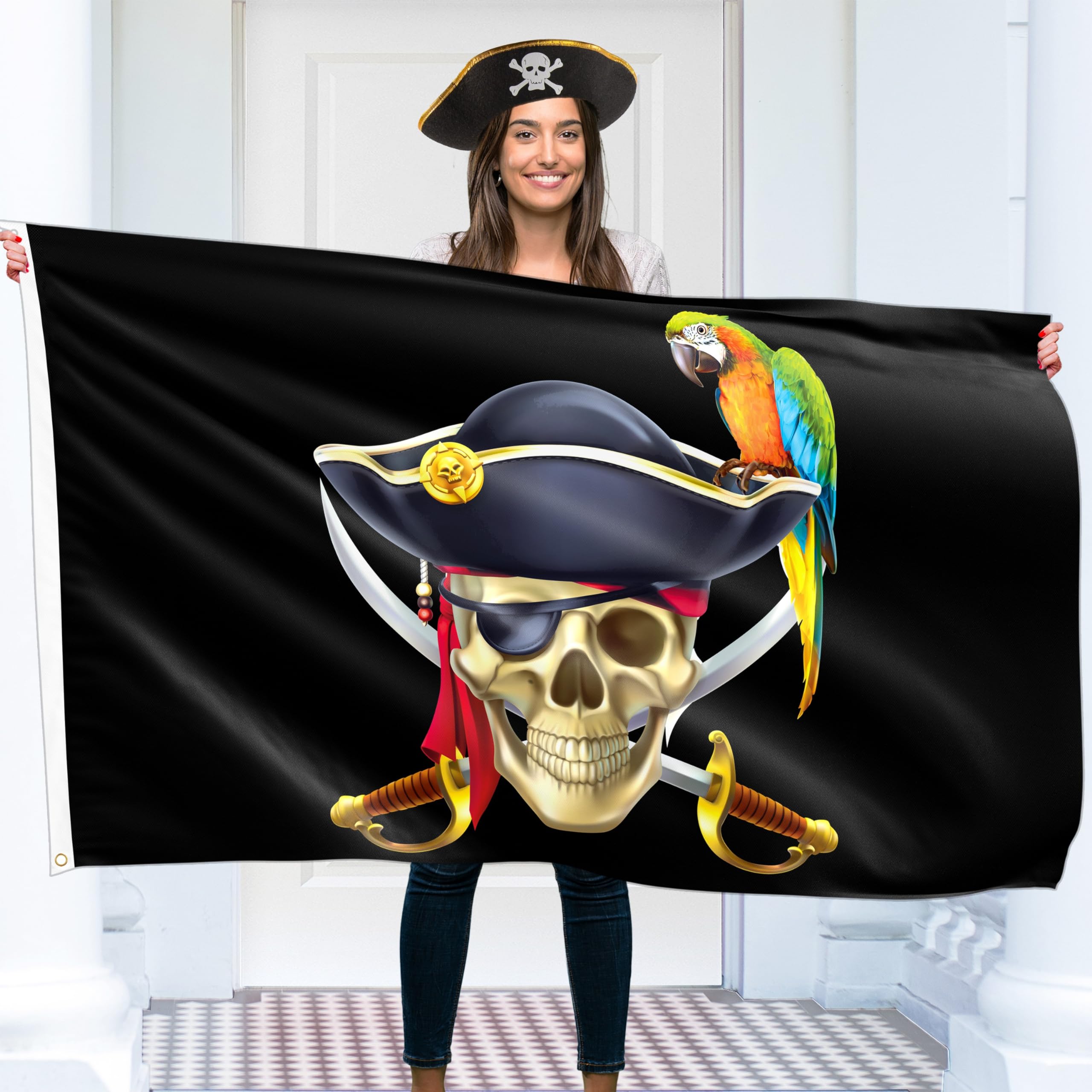 KASKANA Pirate Flag - Jolly Roger - 110Den Polyester - Double Seam - 2 Brass Eyelets, Large 5ft x 3ft