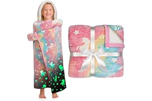 HAPPY FUEL Unicorn Glow in The Dark Wearable Blanket for Girls- Soft Warm 52"X60" Sherpa Fleece Unicorn Gifts for Girls Age 8-10, 6-8, 4-6, Hooded Throw Blanket Gift for Kids