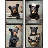 Frimeeme Cute Set 4 Bear Bathroom Wall Art 8x10 | black bear bathroom decor for bathroom, powder room, restroom and farmhouse home interior,unframed prints
