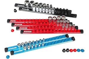 PINOZE 8PCS Magnetic Socket Holder Organizer Set - 1/4, 3/8, 1/2 - Aluminum Alloy Socket Rail Trays for Tool Box Drawer, Socket Rack Kit with 114Pcs Clips for Automotive Garage(Blue Red Black)