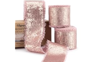 Keypan Rose Gold Chiffon Ribbon, Shimmery Gold Silk Ribbon Frayed Edge for Bridal Flower Bouquet Gift Wrapping Wedding Decor DIY Crafts 1.5" x 15 Yard 3 Rolls