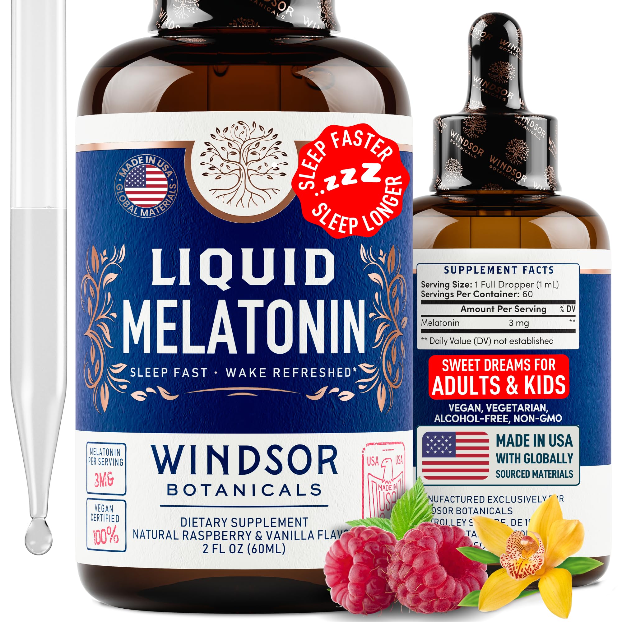 Liquid Melatonin for Adults and Kids 6 Years Up - 3mg Melatonin Drops Extra Strength Liquid Sleep Aid - Fast Absorbtion, Raspberry Vanilla Flavor Melatonina - 2oz, 2-Month Supply, Made in USA