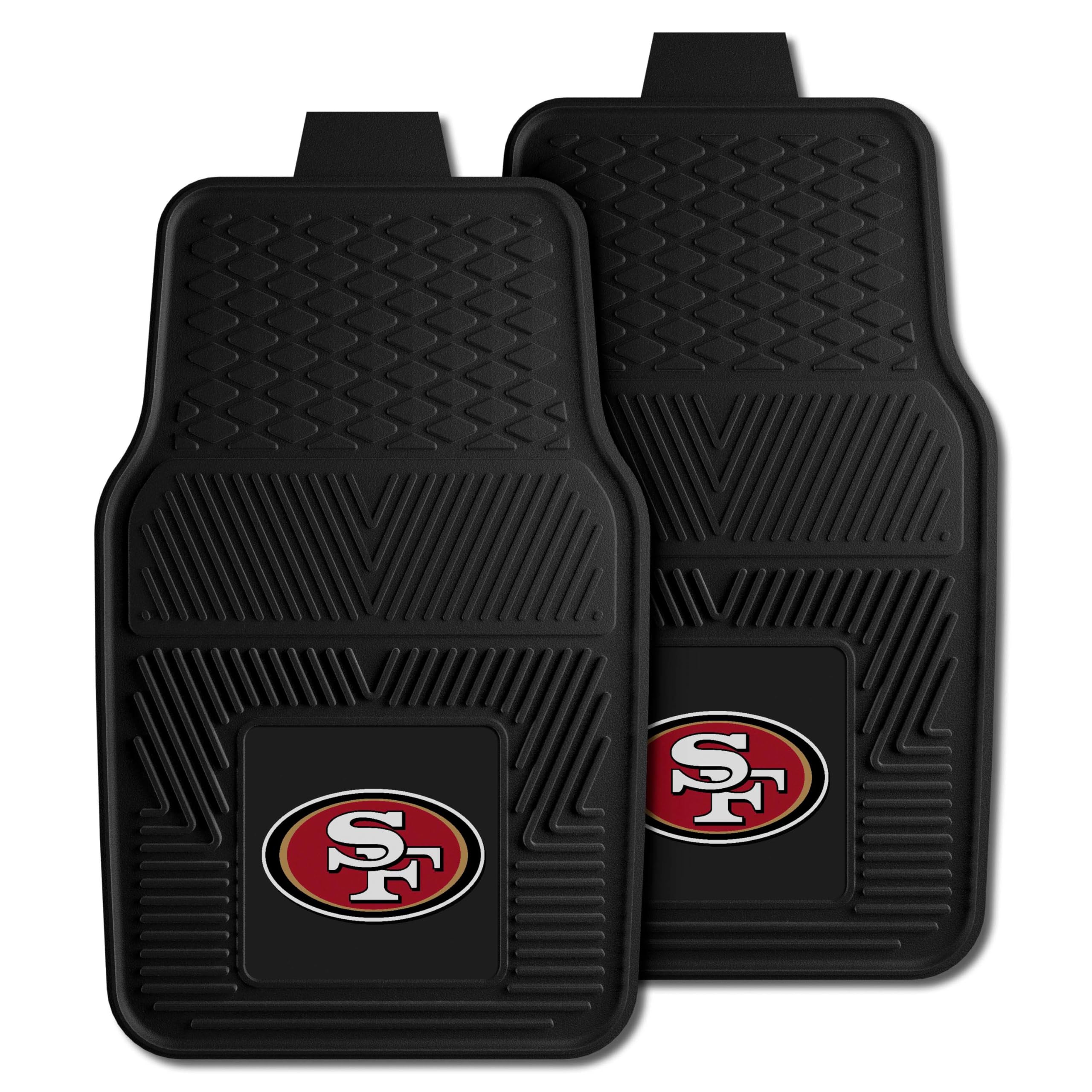 FANMATS 8902 San Francisco 49ers Juego de 2 alfombrillas de vinilo resistentes para coche, alfombrillas para la primera fila, protección contra todo tipo de clima, ajuste universal, diseño de depósito profundo, 18.0 x 27.1 in