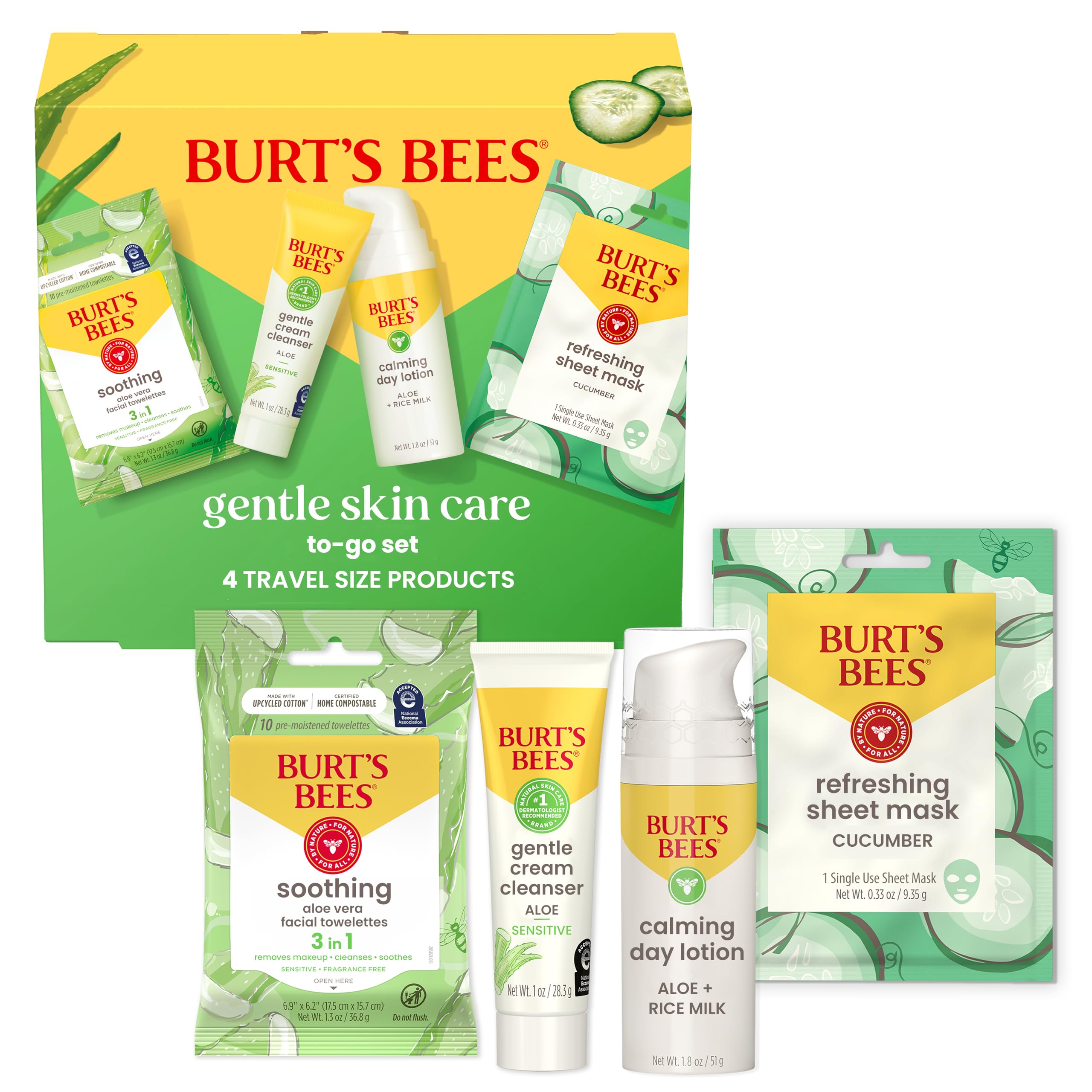 Photo 1 of Burt's Bees Gentle Skin Care To-Go Set, Includes Cleanser, Towelettes, Lotion and Sheet Mask, Travel Size Facial Skin Care Products for Sensitive Skin, Natural Origin, 1 Gift Set