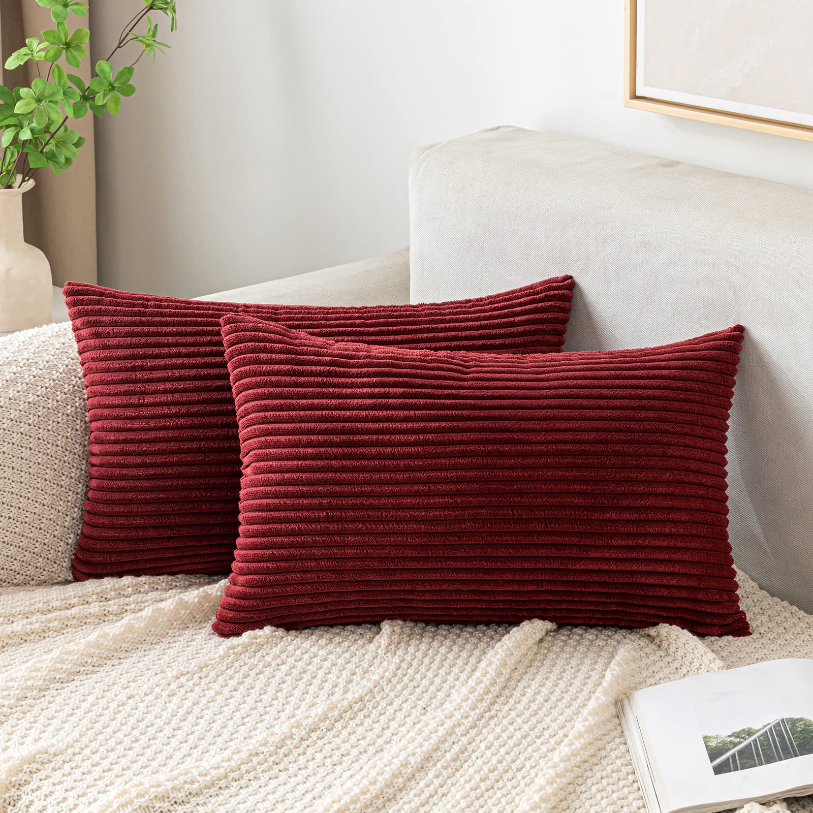 EMEMA Cushion Covers Corduroy Oblong Throw Pillow Covers Striped Soft Sham Home for Sofa Couch Bedroom Decorative Pillowcases 12x20 Inch 30x50cm Set of 2 Burgundy