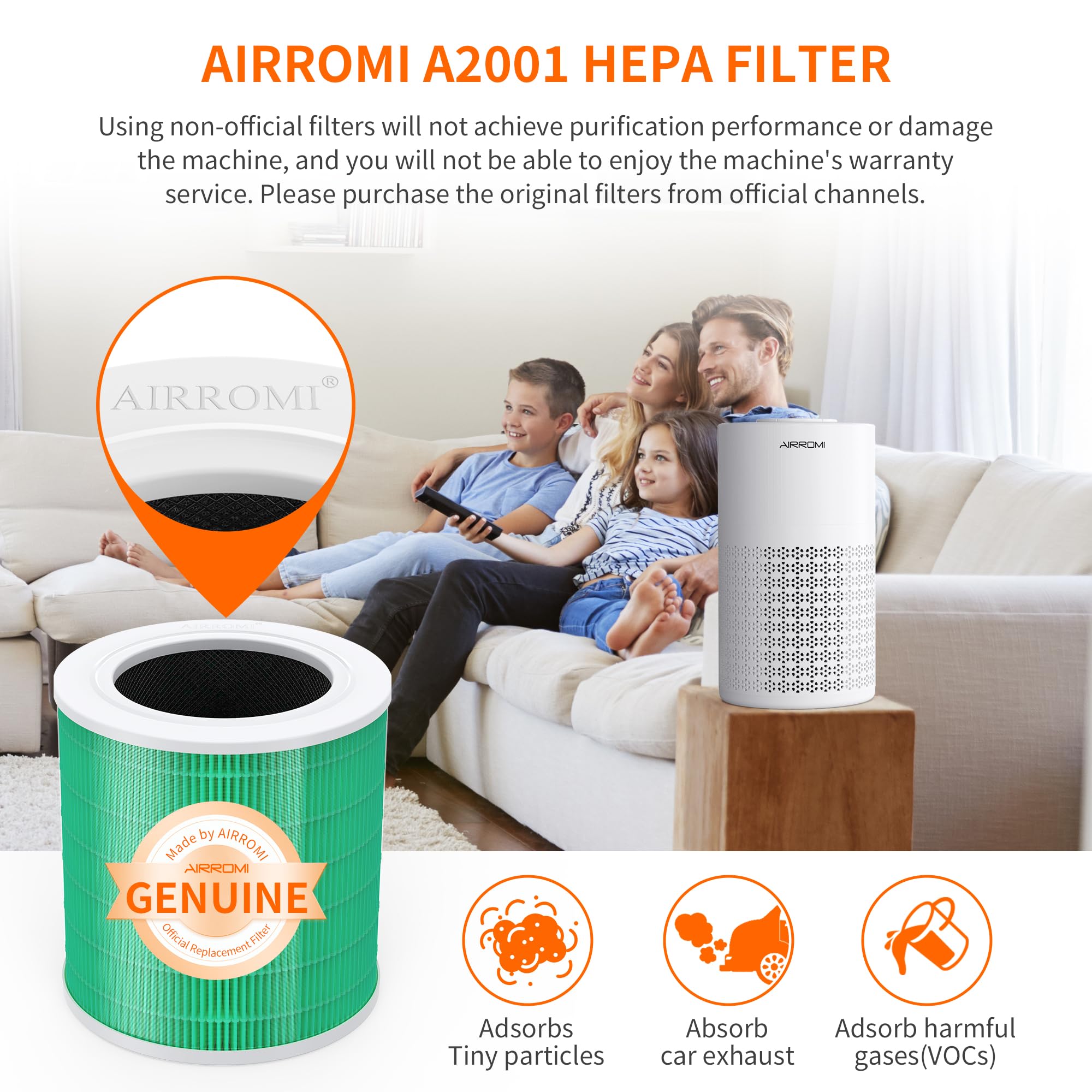 AIRROMI A2001 HEPA Air Purifier Replacement Filter, 3-In-1 Original Filter, Removes 99.97% of 0.3 Micron Particles, Green Activated Carbon Filter - Toxin Absorber Specialty-1 Pack