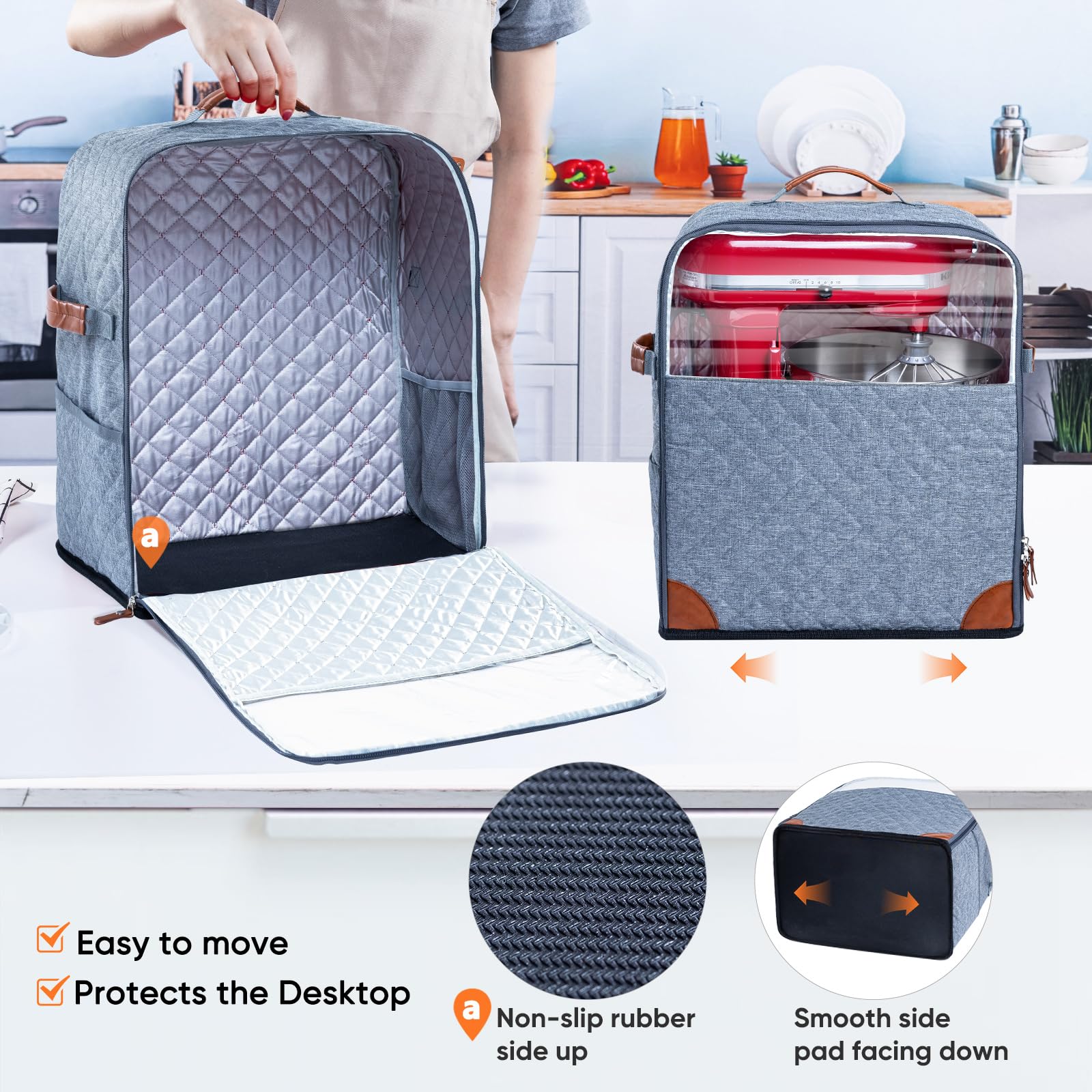 BAGSPRITE Stand Mixer Cover with Appliance Sliders Base Compatible with KitchenAid Mixer-Storage Bag for 6/7/8 Quart with Pockets for Kitchen Aid Accessories and Attachments