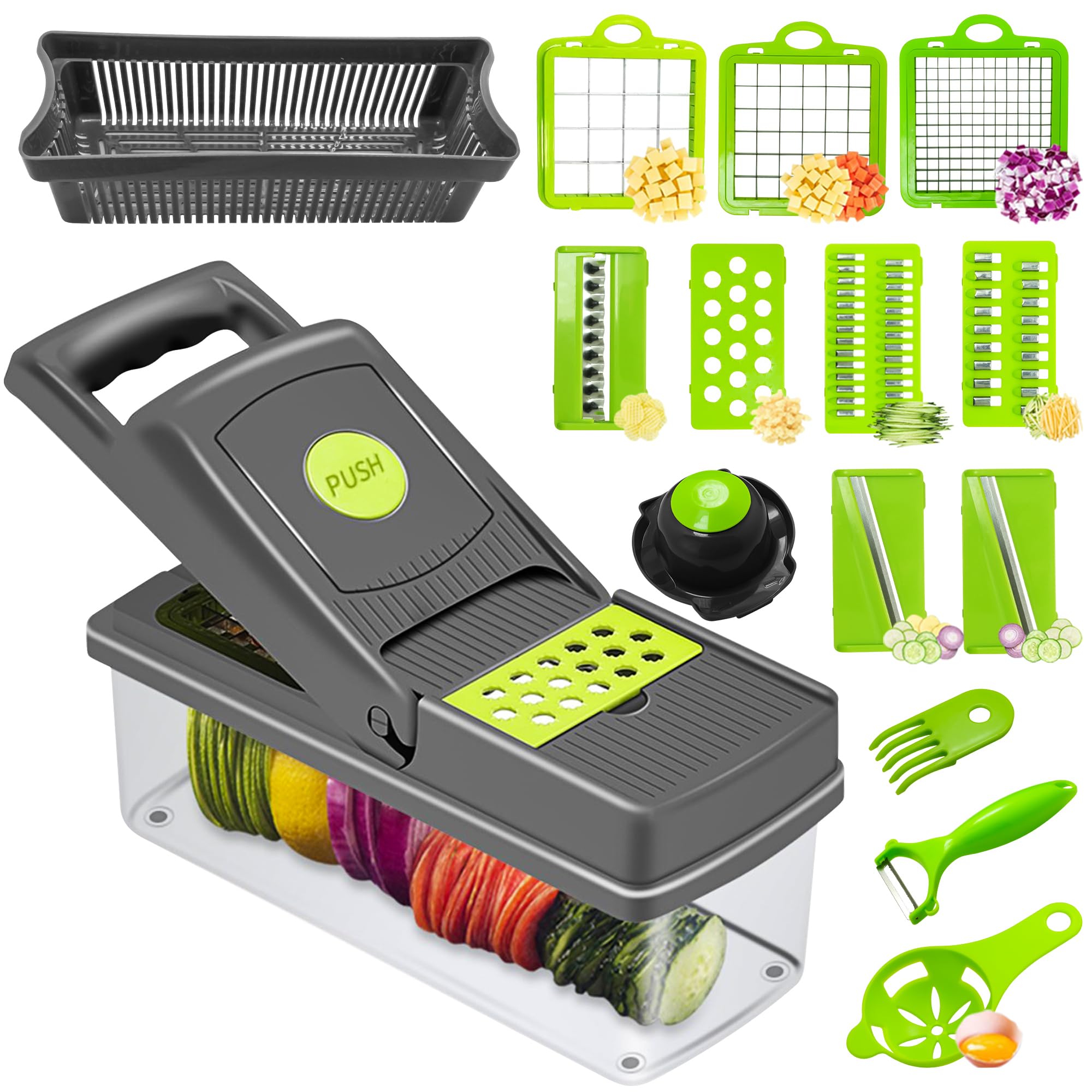 Photo 1 of 16 in 1 Mandoline Vegetable Food Chopper, Slicers and Vegetable Cutters, Multi Function Kitchen Veg Cutter for Onion Garlic Potato Salad, Veggie Chopper with Container and Draining Basket
