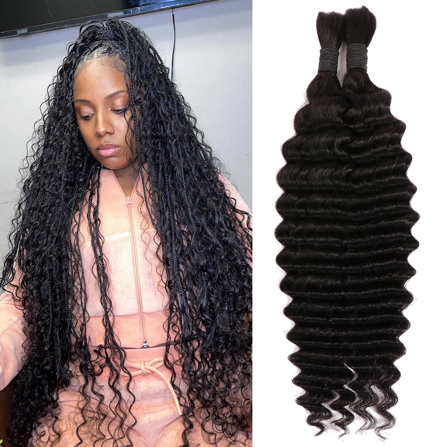 Deep Wave Bulk Human Hair for Boho Braids Water Wave Bulk Human Hair for Boho Braids No Weft micro Human Braiding Hair for Black Women (1B#, 26Inch 100g(50gx2Bundles)) — image 1
