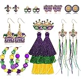 NLCAC Mardi Gras Earrings Set for Women Glitter Mask Fleur De Lis Stud Earrings Beaded Jester Mardi Gras Hoop Tassel Dangle Earrings Parade Carnival Jewelry Gifts