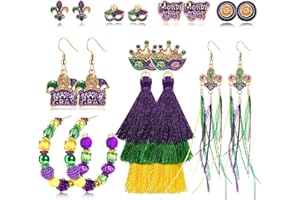 NLCAC Mardi Gras Earrings Set for Women Glitter Mask Fleur De Lis Stud Earrings Beaded Jester Mardi Gras Hoop Tassel Dangle Earrings Parade Carnival Jewelry Gifts