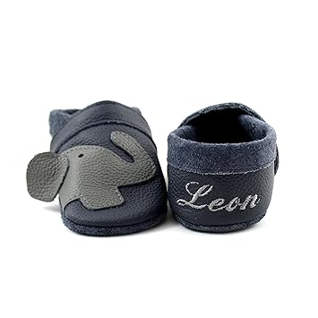little foot company® 11312 Krabbelschuhe Babyschuhe Lauflernschuhe mit Namensstickerei Elefant weiches Leder marine 18/19 ca.