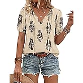 LOMON Boho Tops for Women Summer V-Neck Tie Front Peasant Blouses Casual Puff Sleeve Loose-Fit Flowy Shirts Beach Vacation