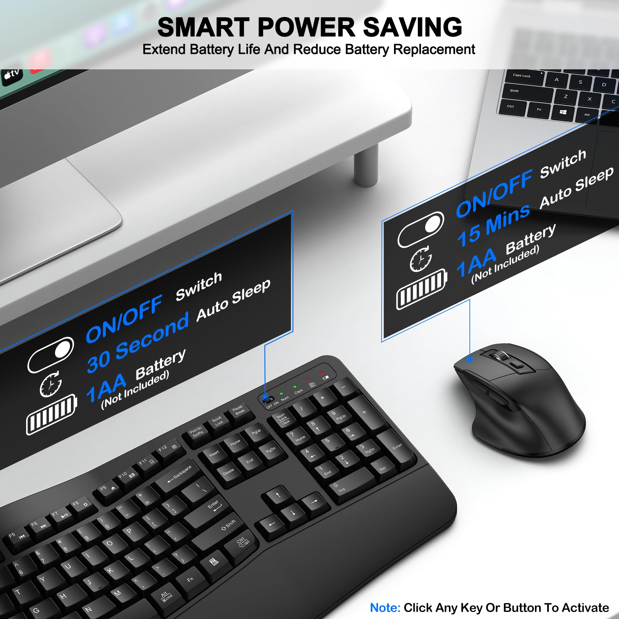 Wireless Keyboard and Mouse Combo, 2.4G Full Size Wave Keys Ergonomic Keyboard with Wrist Rest and 3-Level DPI Adjustable Wireless Ergonomic Mouse for Windows, Mac OS Desktop/Laptop/PC(Black)