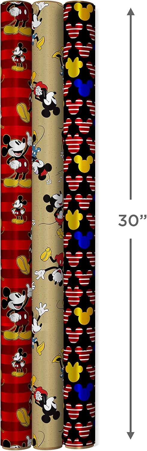 Hallmark Disney Mickey Mouse Wrapping Paper with Cut Lines on Reverse (3-Pack: 60 sq. ft. ttl) for Birthdays, Christmas, Hanukkah, Baby Showers and More: Kitchen & Dining