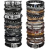31Pcs Braided Leather Bracelets for Men Women Punk Wrap Cuff Bracelets Hemp Cords Wood Beads Ethnic Tribal Handmade Wrap Wristband Gothic Evil Eye Bracelets Set Adjustable Skull Skeleton Accessories