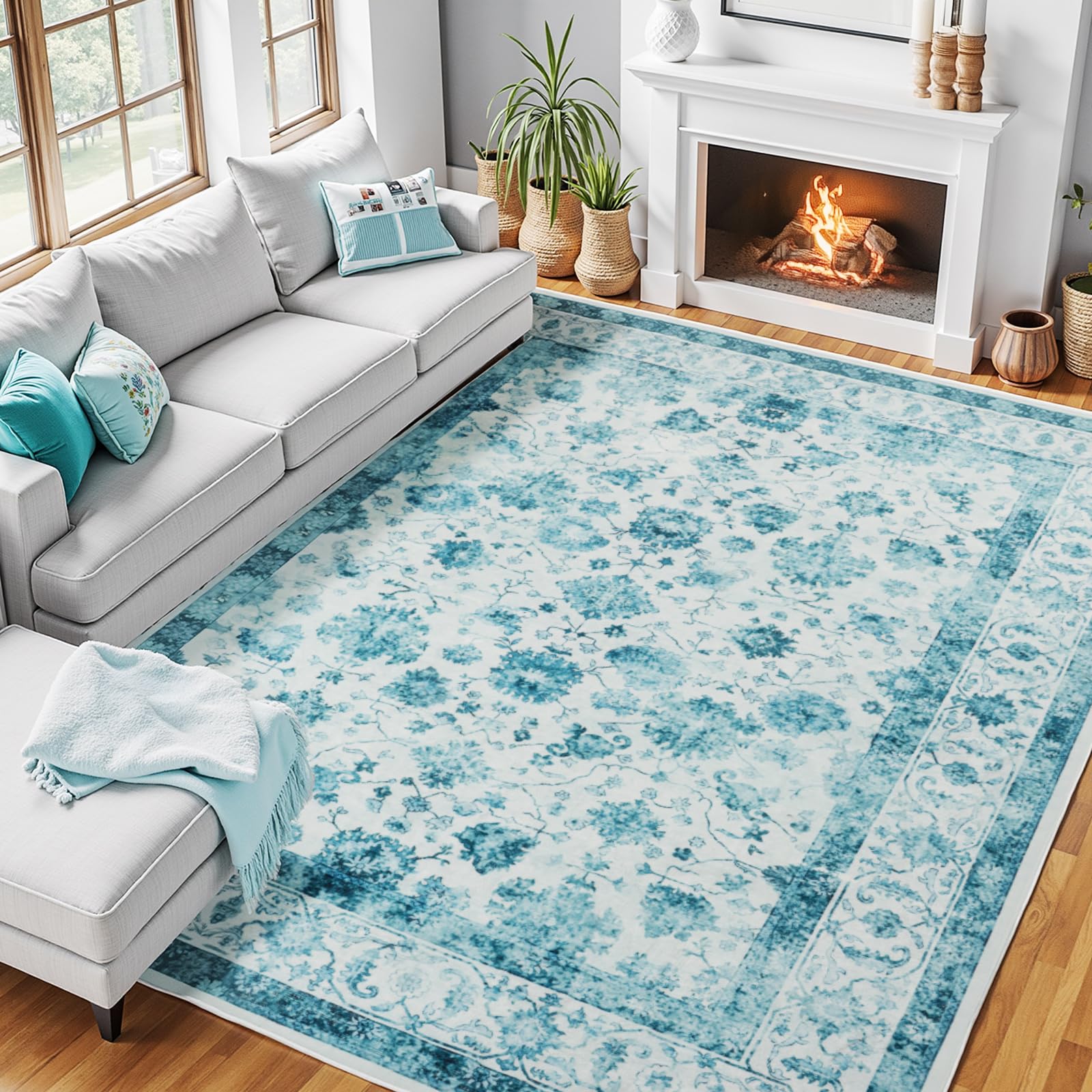 Photo 1 of Zentavio 8x10 Washable Area Rugs, Vintage Non-Slip Floral Living Room Rug, Indoor Foldable Floor Thin Low Pile Carpet for Farmhouse Bedroom Dining Room Blue