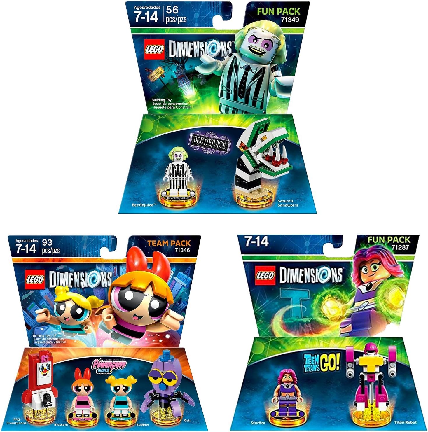 Lego Dimensions Beetlejuice Fun Pack, Lego Dimensions Powerpuff Girls Team Pack And LEGO Dimensions - Teen Titan Go Fun Pack Exclusive Bundle