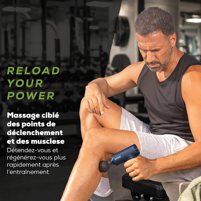 PowerReload Pistolet de massage, massage des points de déclenchement pour régénération, appareil de massage musculaire puissant avec 5 embouts, 5 niveaux d’intensité, extrêmement silencieux