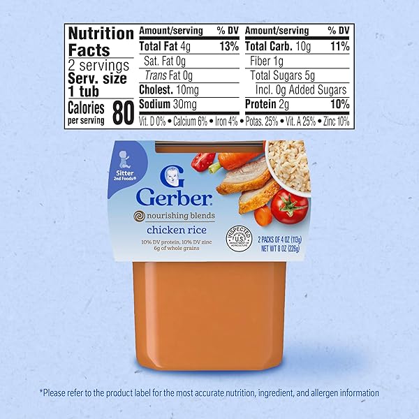 GERBER STAGE 2 BABY FOOD, CHICKEN RICE PUREE TUB, NOURISHING BLENDS, NO ADDED COLORS OR FLAVORS, BABY PUREE, 2-PACK