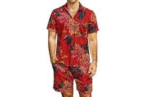 JOGAL Men's Flower Casual Button Down Short Sleeve Hawaiian Shirt Suits