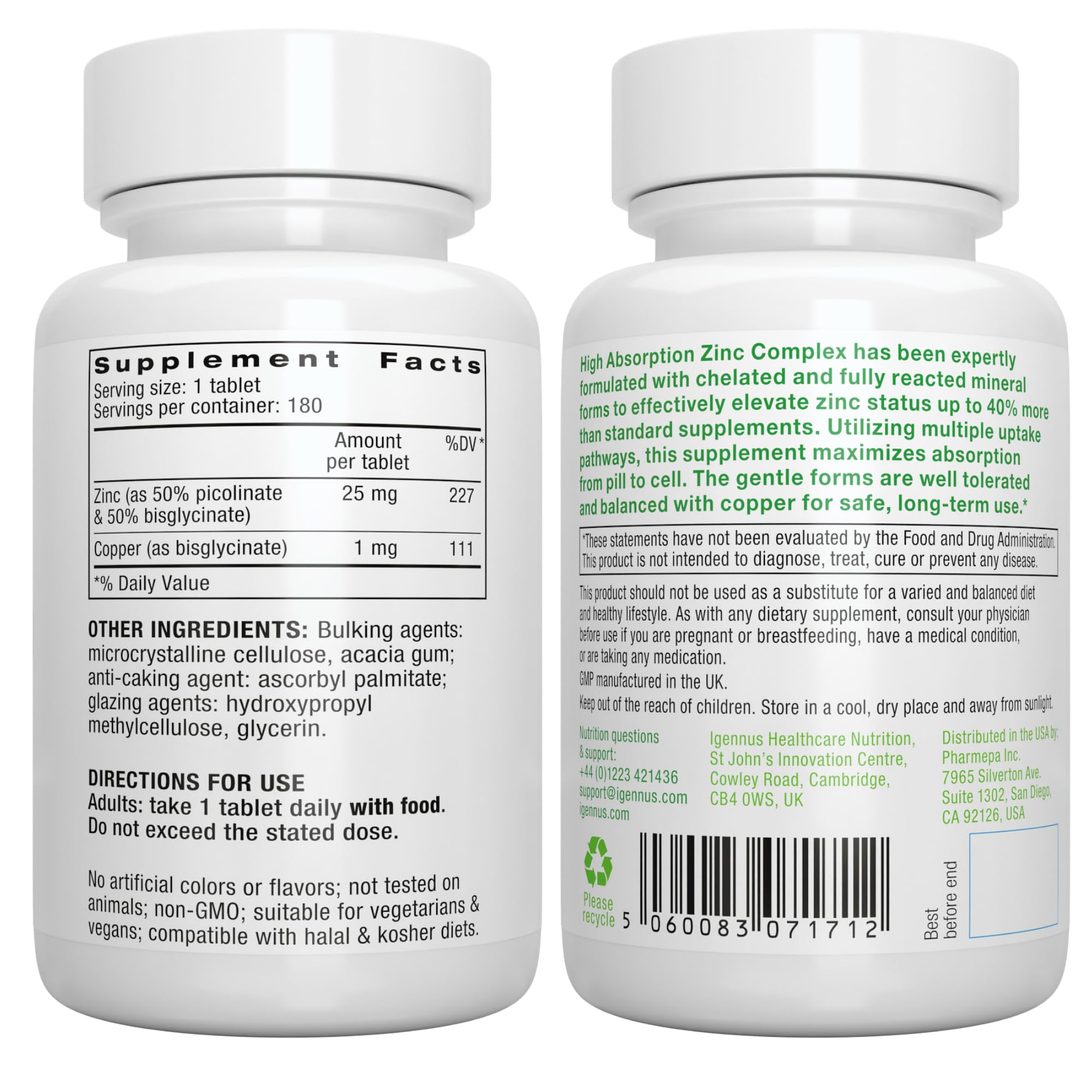 Igennus Chelated Zinc 25mg with Copper, Picolinate & Bisglycinate, Clean Label & High Absorption Complex, Supplement for Women & Men, Vegan, Immune, Skin and Cellular Health, 180 Tablets