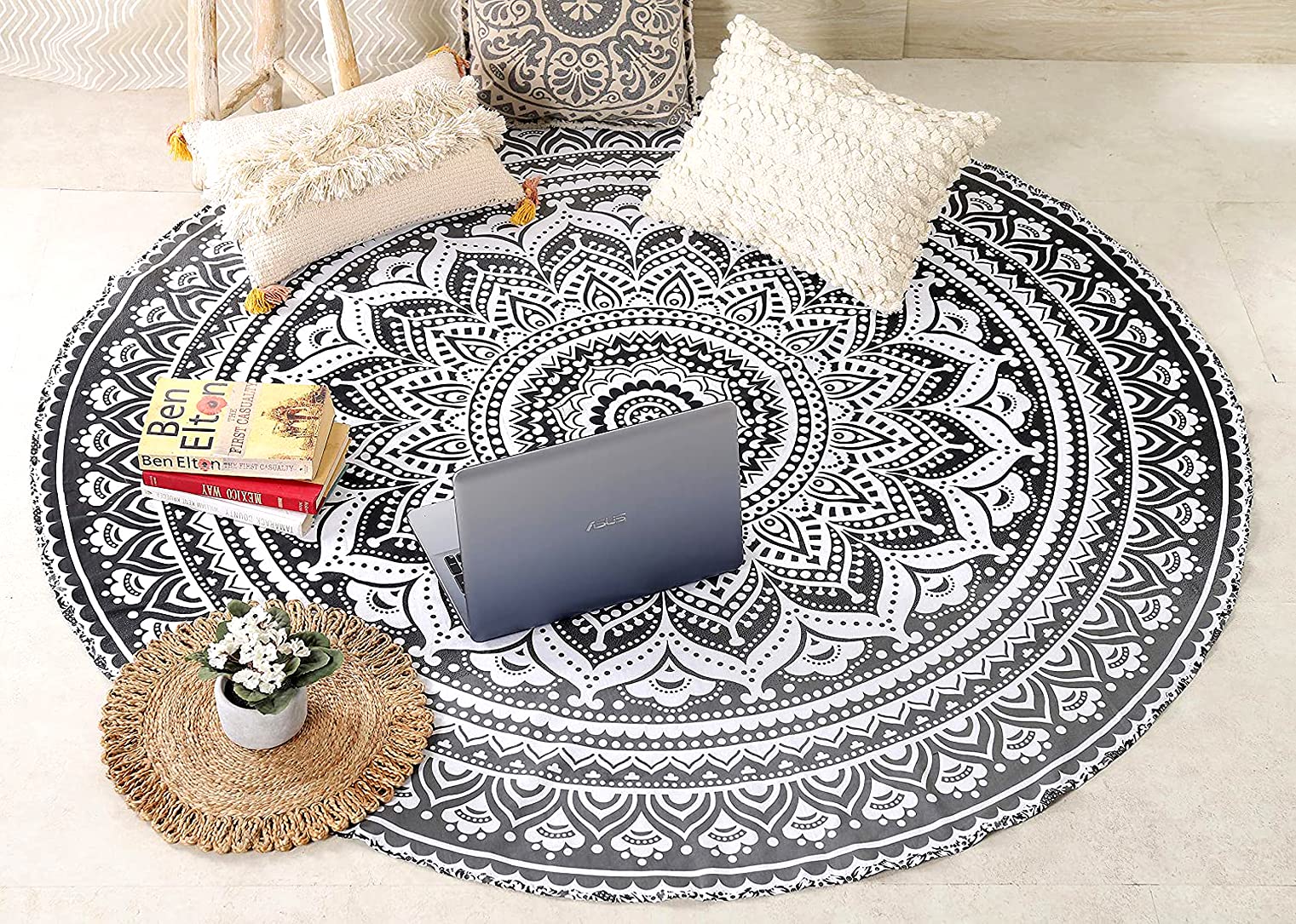 raajsee Grey Black Round Beach Tapestry Hippie/Boho Beach Blanket Mandala/Indian Cotton Throw - Round Tablecloth/Home Decor/Indie Rug Yoga Mat Meditation Picnic Rugs 178 CM / 70 INCHE Circle
