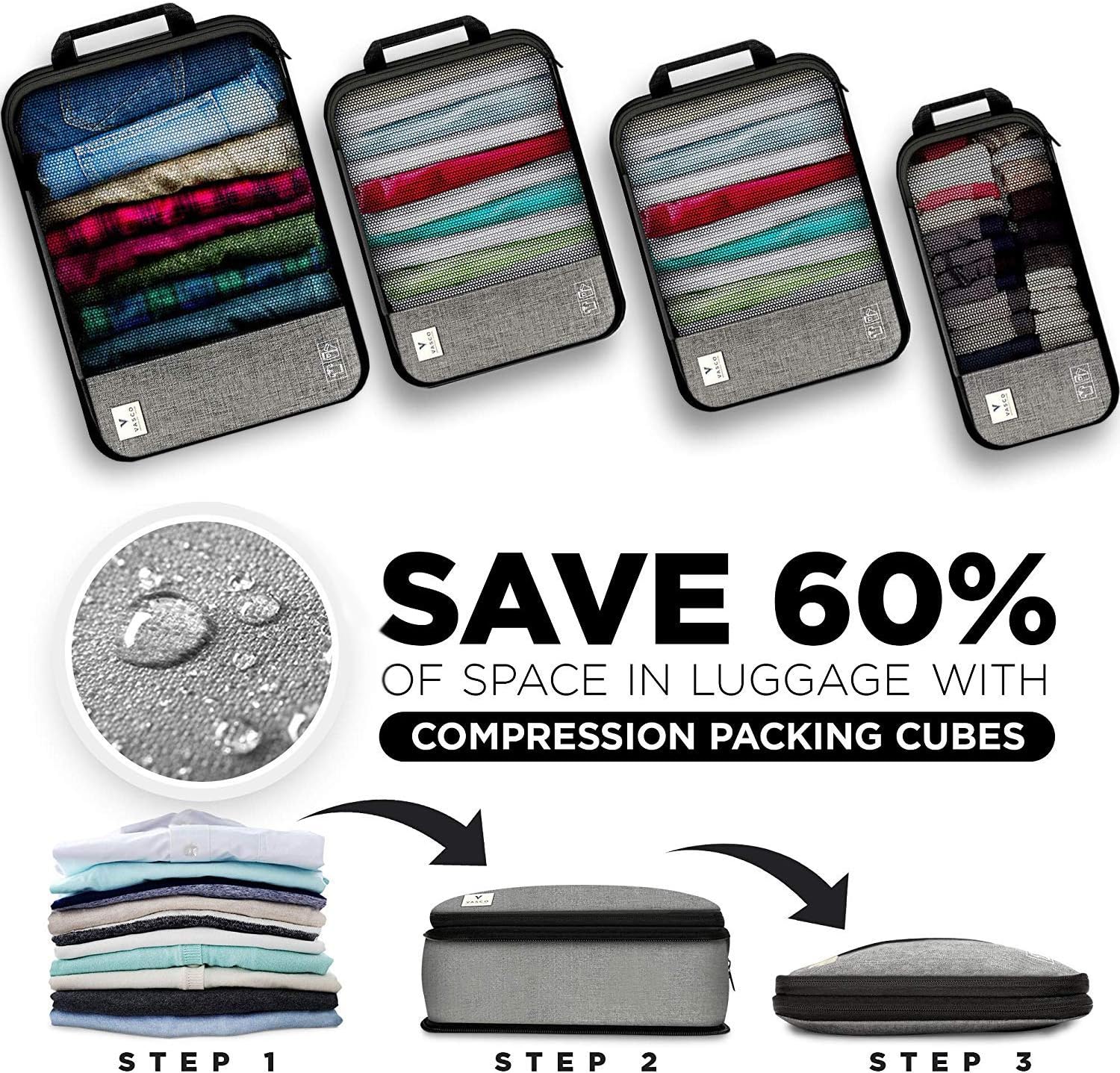  | Premium Travel Compression Packing Cubes – [4 Set] Luggage Organizer Bags – Save 60% Of Space In Luggage – Smart Travel & Water Resistance [S+2M+L Size] Grey | Packing Organizers