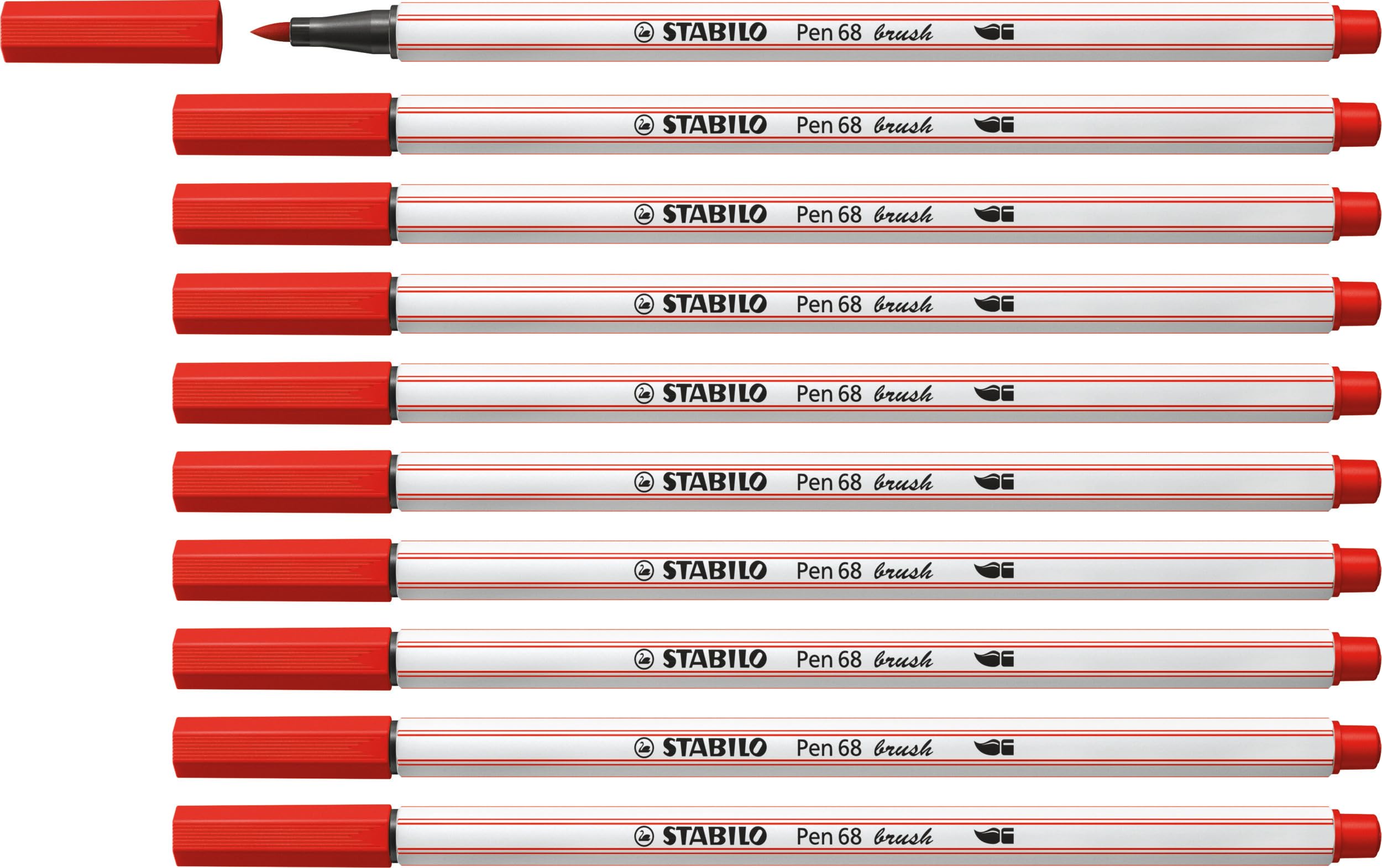 STABILO Pen 68 brush - Premium Fibre-Tip Pen with Brush Tip - Pack of 10 - Carmine