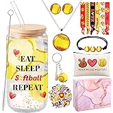 Yetene 63 Pcs Softball Gifts for Her Lovers Gift with 16OZ Glass Cup Makeup Bag Softball Hair Ties Stickers Necklace Earrings Bracelet Keychain Stuff for Women Girls