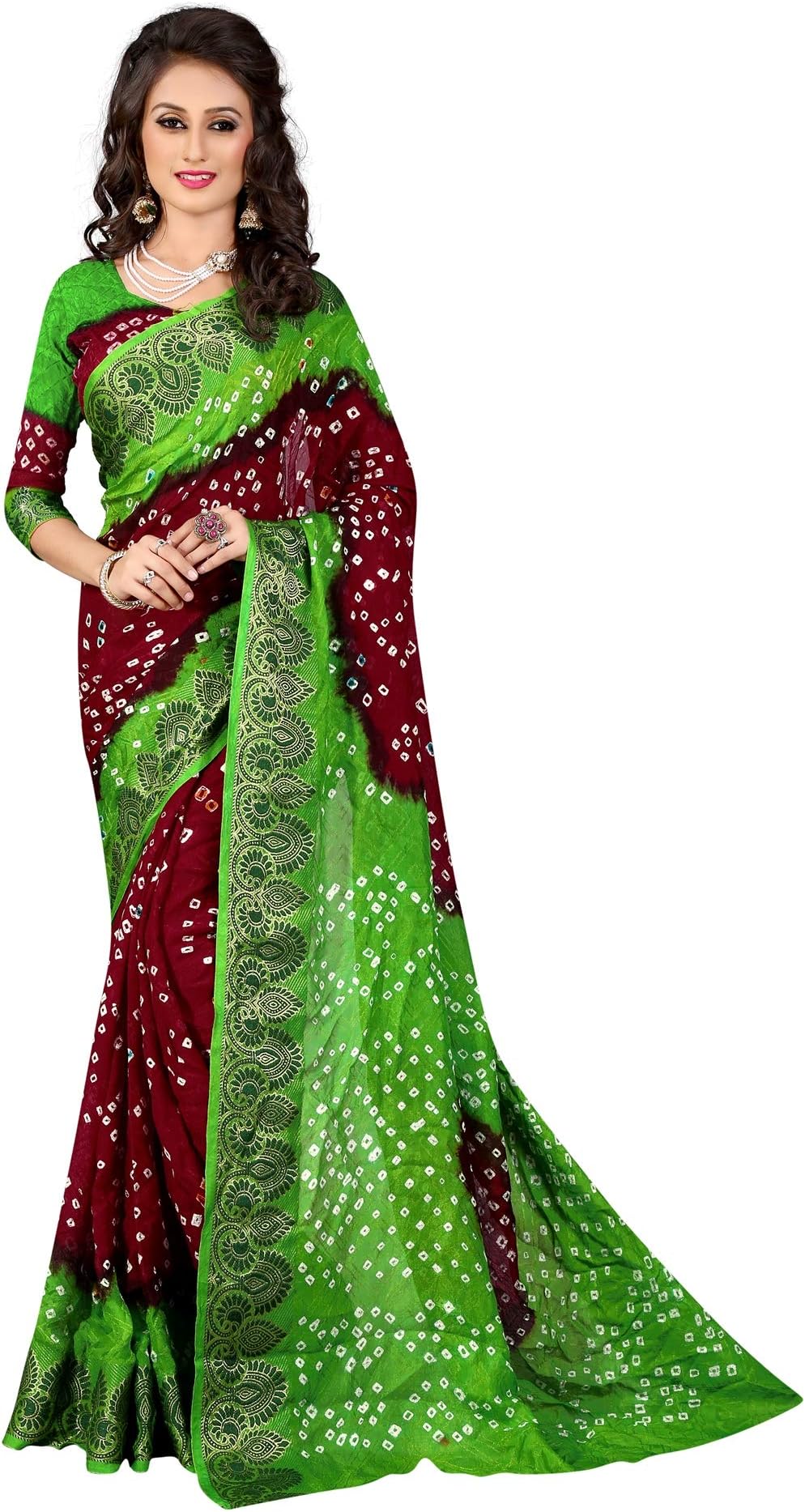 Divine International Trading Co Women's Art Silk Printed Tie and Dye Bandhani Sarees with Blouse Piece Fabric