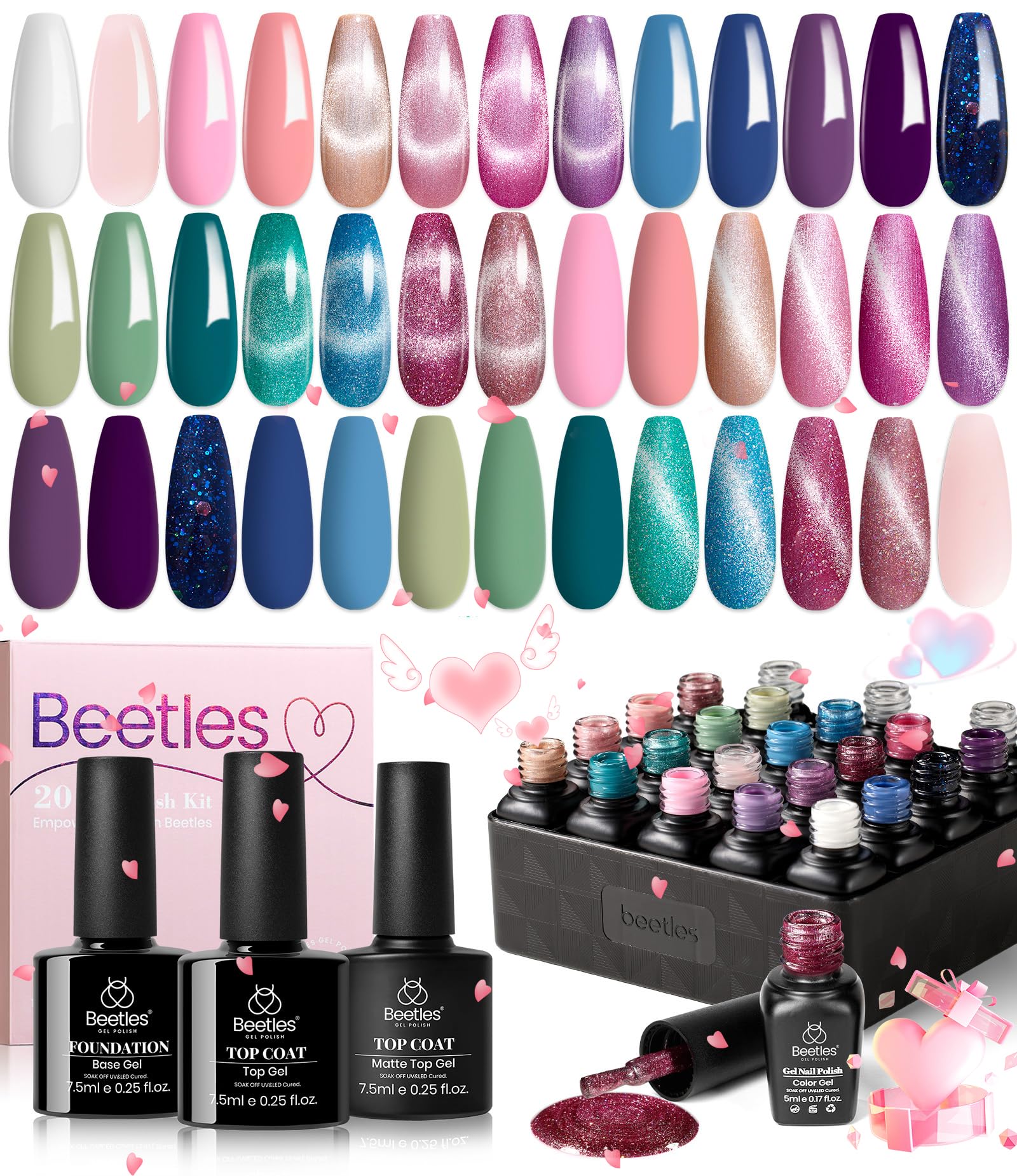 beetles Cat Eye Gel Nail Polish Set, 24Pcs Glitter Gel Nail Polish Blue Pink Purple Green Shimmer Colors Nail Polish with Magnet Stick Glossy & Matte Gel Top Base Coat UV Gift for Women & Girls - Image 9